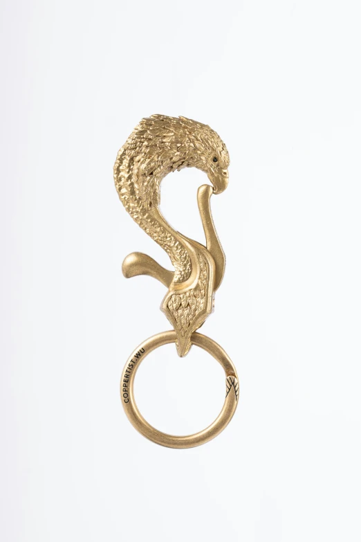 an odd and intricate gold ring is on a white background