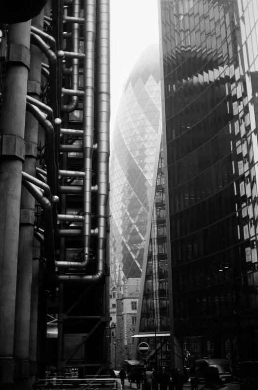 tall buildings and some traffic on a city street