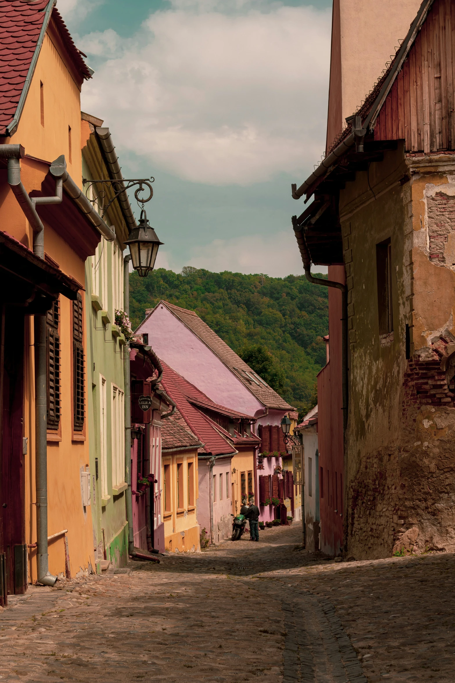 a couple of buildings on a street by some mountains