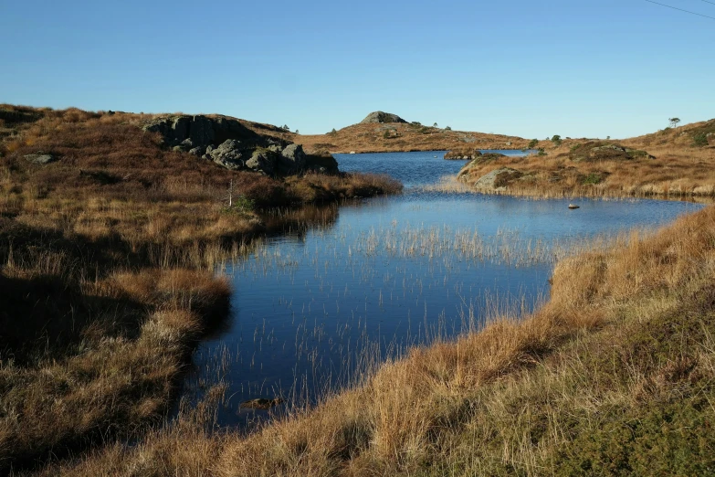 a stream running through a dry grass covered field