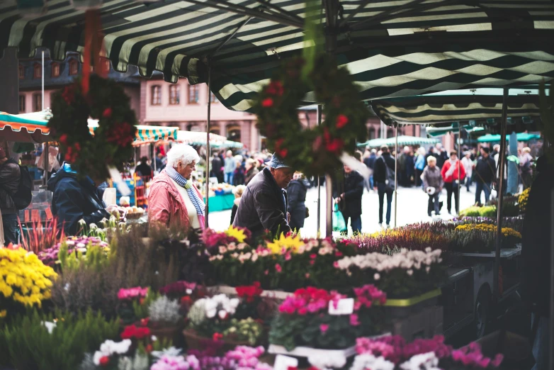 many flowers in vases on display at an outdoor market