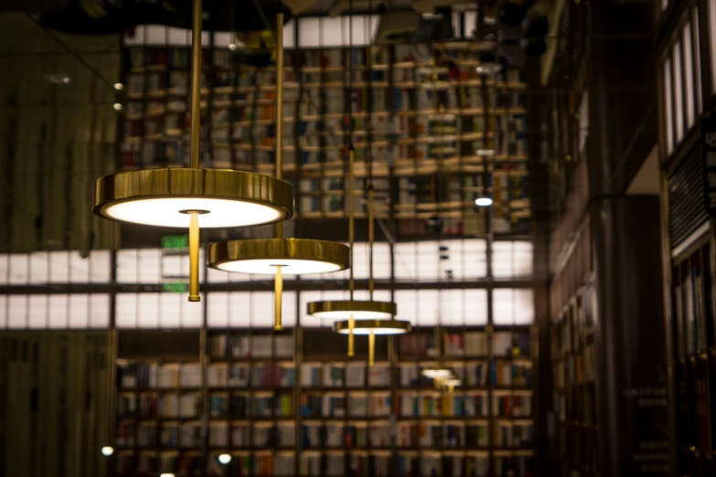 some bookshelves and lights in a room