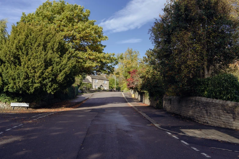 a street with trees next to it and a sign showing the number on a side walk