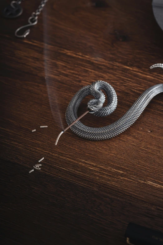 a closeup of a metal snake on a wood surface