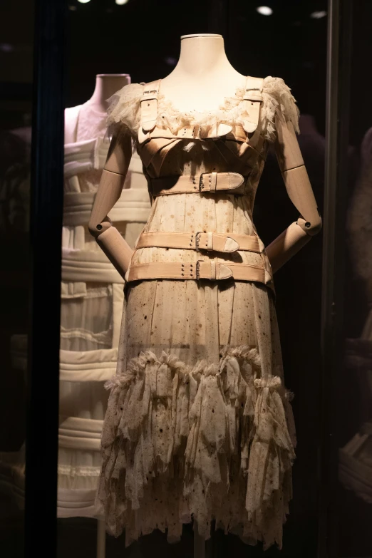 an unusual dress is on display with other artifacts