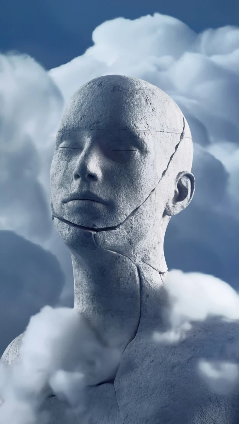 the head is positioned on clouds in a po