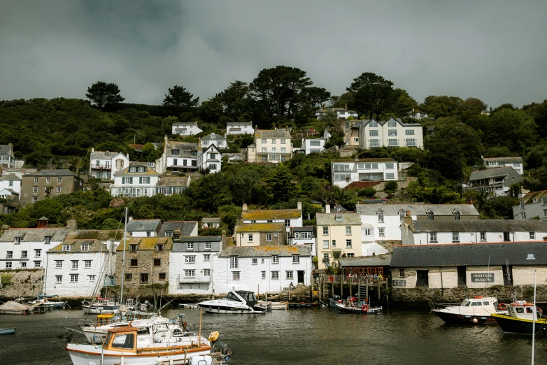 several boats in a harbor and houses near by