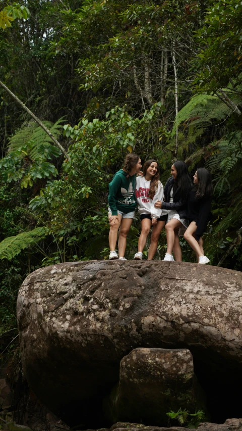 some people standing on a large rock in the forest