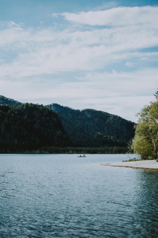 there is a small boat on the lake