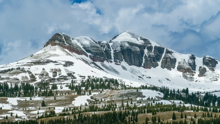 a snowy mountain surrounded by a forest under a partly cloudy sky