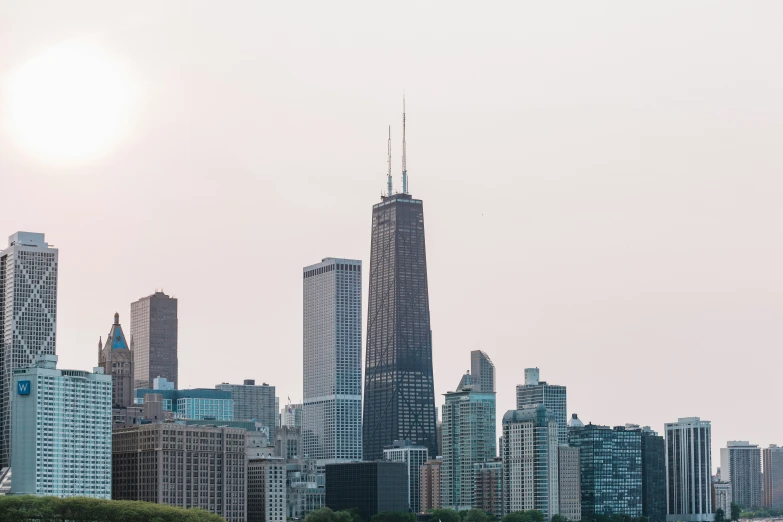 a city skyline with a boat out front