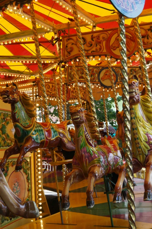 several merry go round horses ride together inside a park