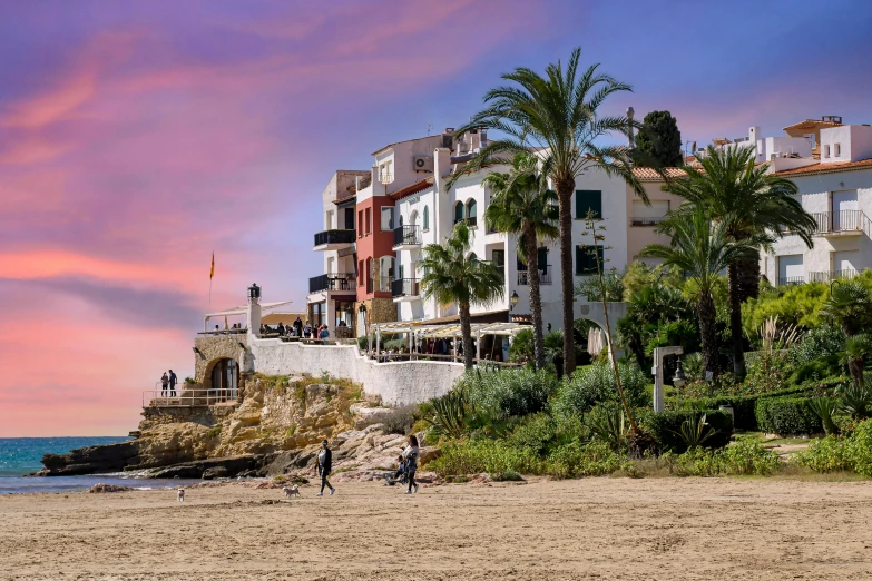 the ocean is next to several palm trees near tall buildings