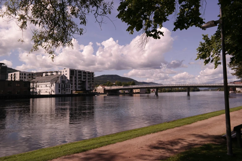 a city view across a river to a bridge