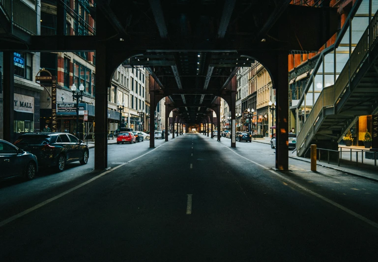 the empty road between several stores in the city