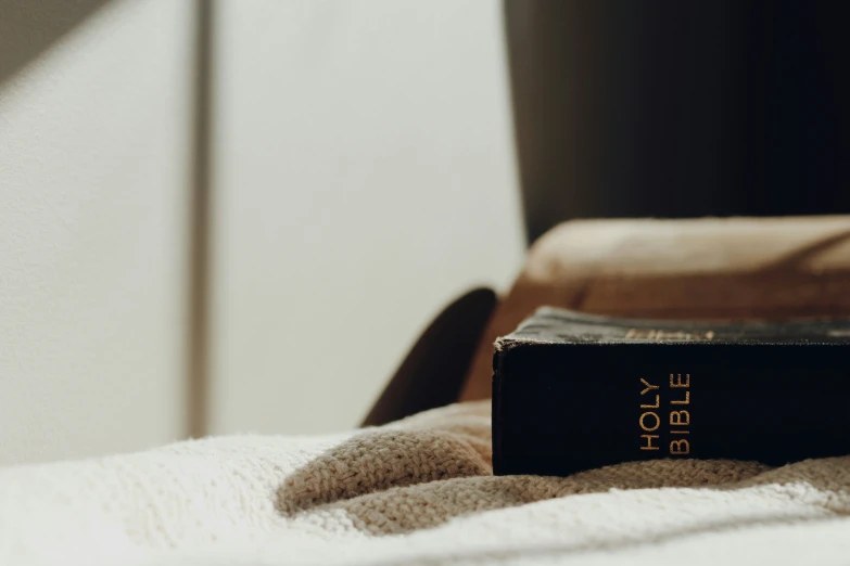 a brown bible is laying on a bed