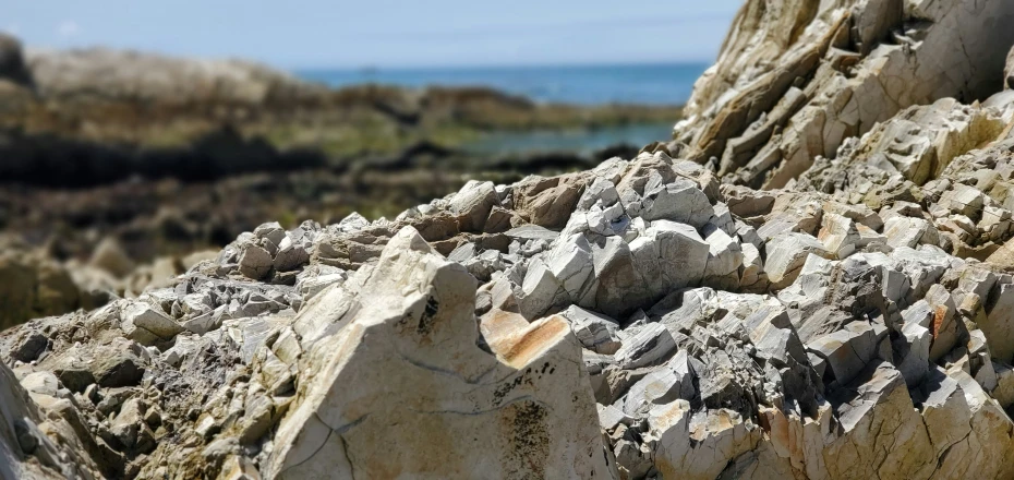 the rocky shore is dotted with lots of rocks