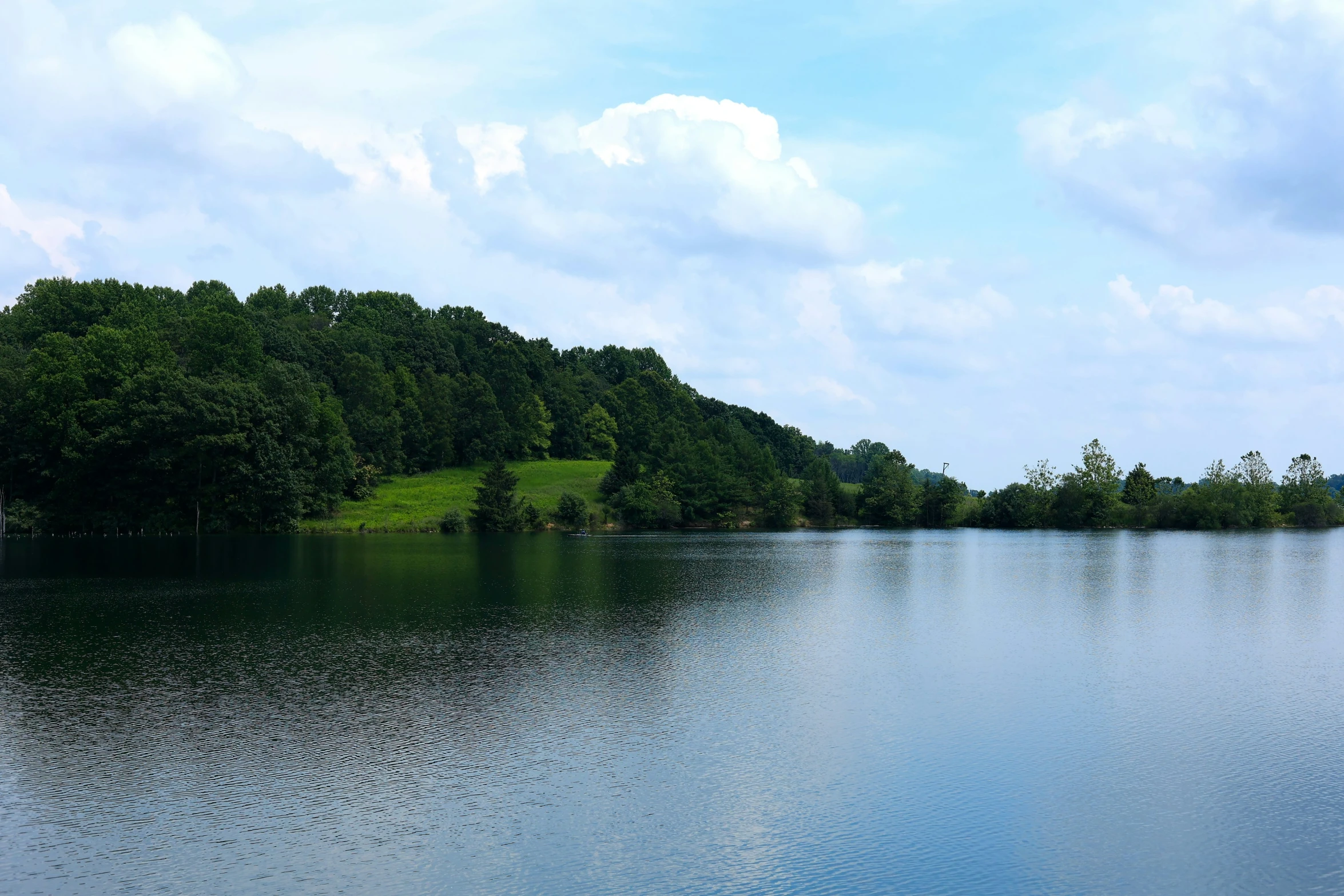 water with hills in the distance and blue sky above