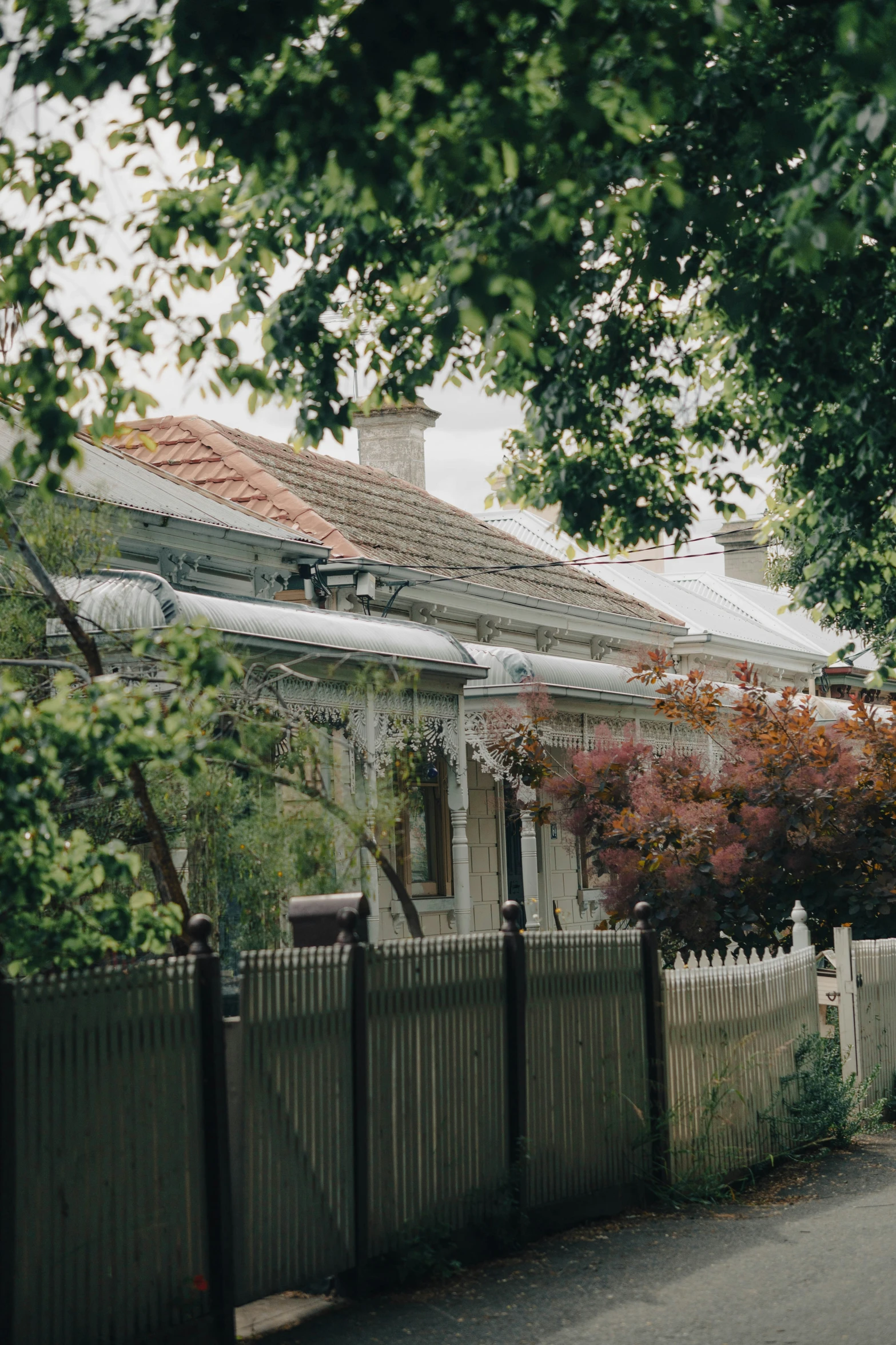 a house with white picket fence and trees