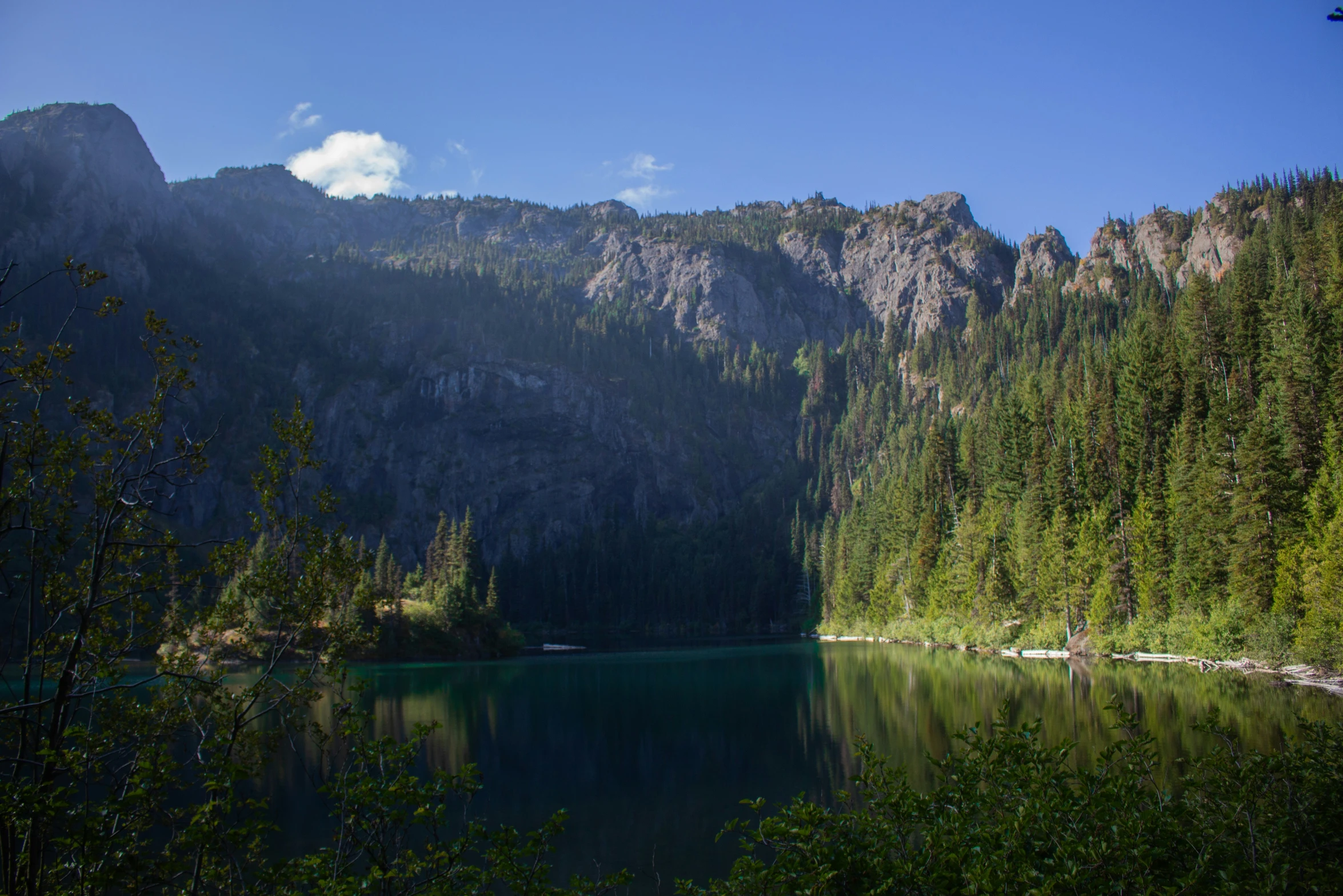 the view from a lake on a sunny day