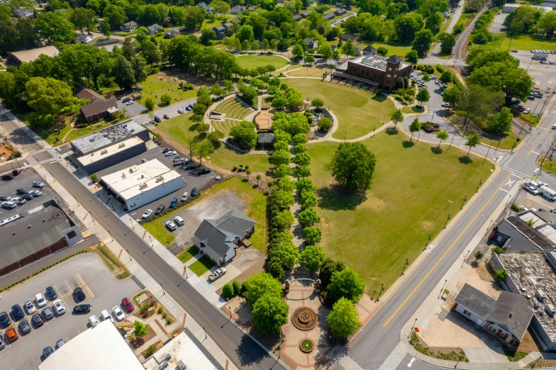 the view from above looking down on an empty park area