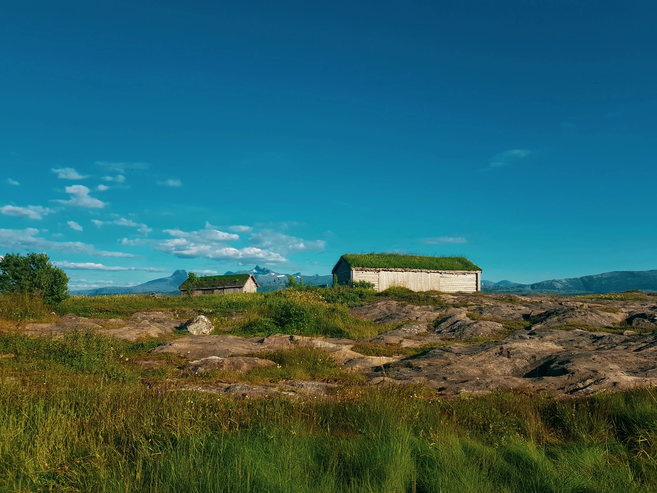 a white house sits on the side of a hill