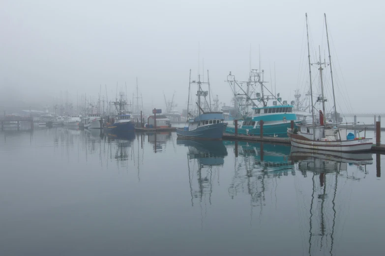 several boats docked in the water in foggy weather