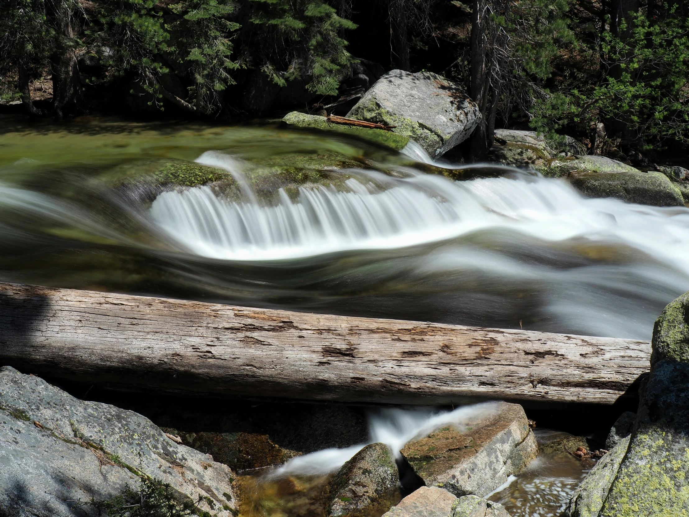 there is a waterfall in the woods by some rocks