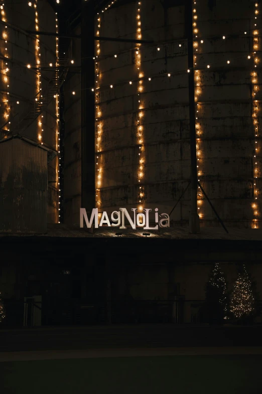 there is a lighted building that says mandiola