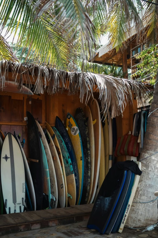 surfboards sitting up against a hut outside