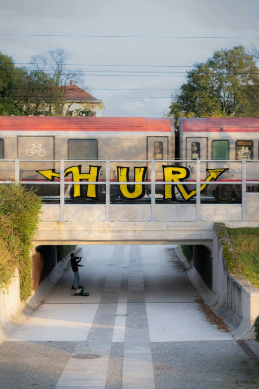 a commuter train passes under a bridge with graffiti