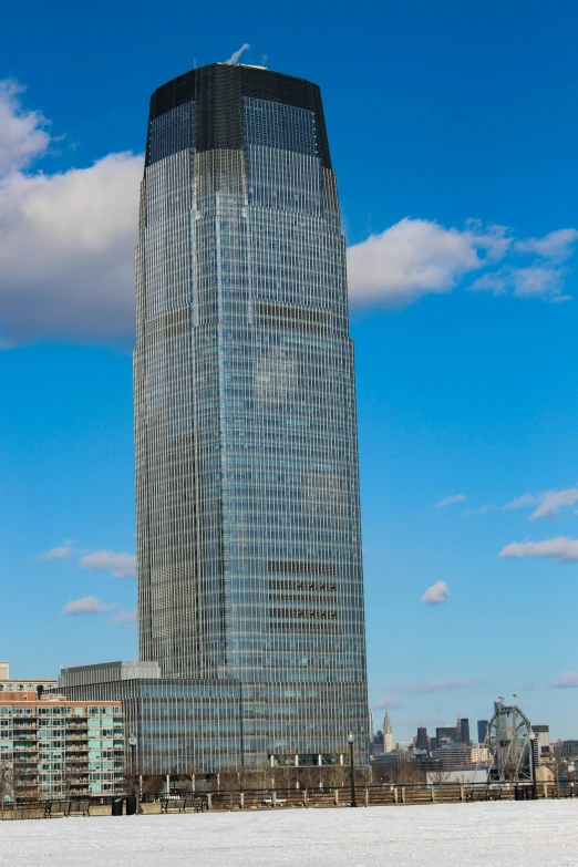 skyscrs are reflected in the sky behind ice