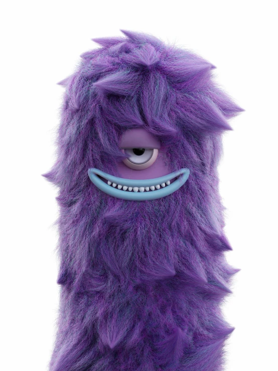 a purple trolly creature is wearing a blue collar