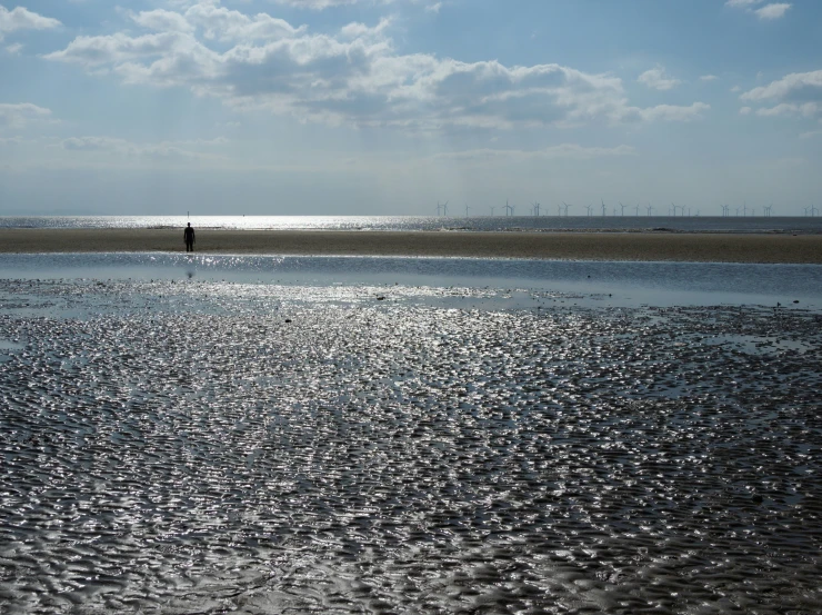 a person stands on the sand at the shore as the sun is setting