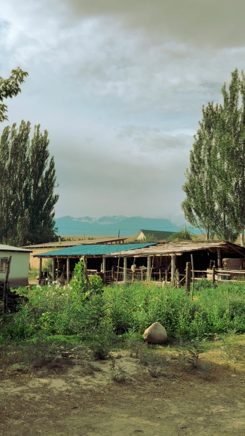 the old train is traveling past a small village