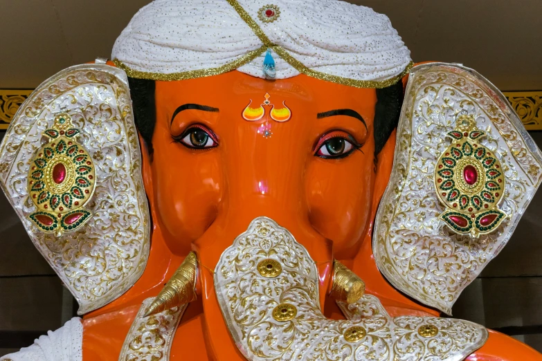 close up of an indian elephant wearing colorful jewelry