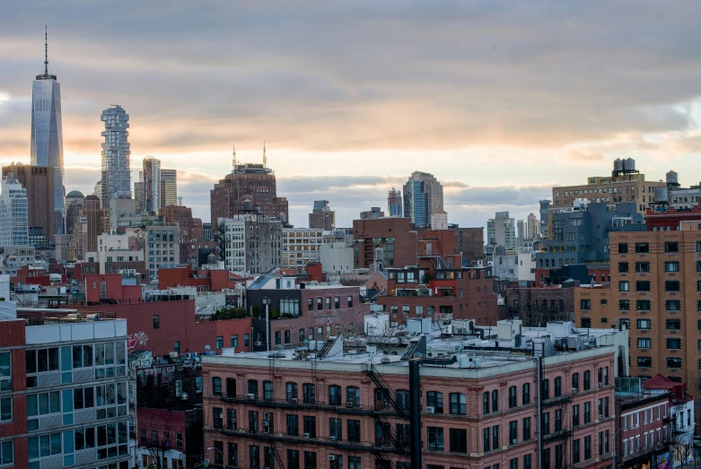 city skyline in new york during sunset as seen from above