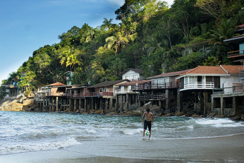 a view of the shore with houses on a beach and a person walking