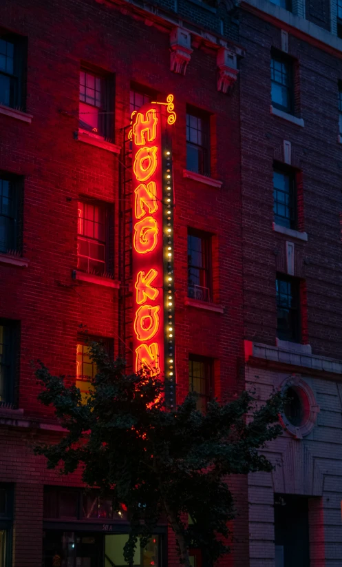 a sign showing neon on the side of a tall building