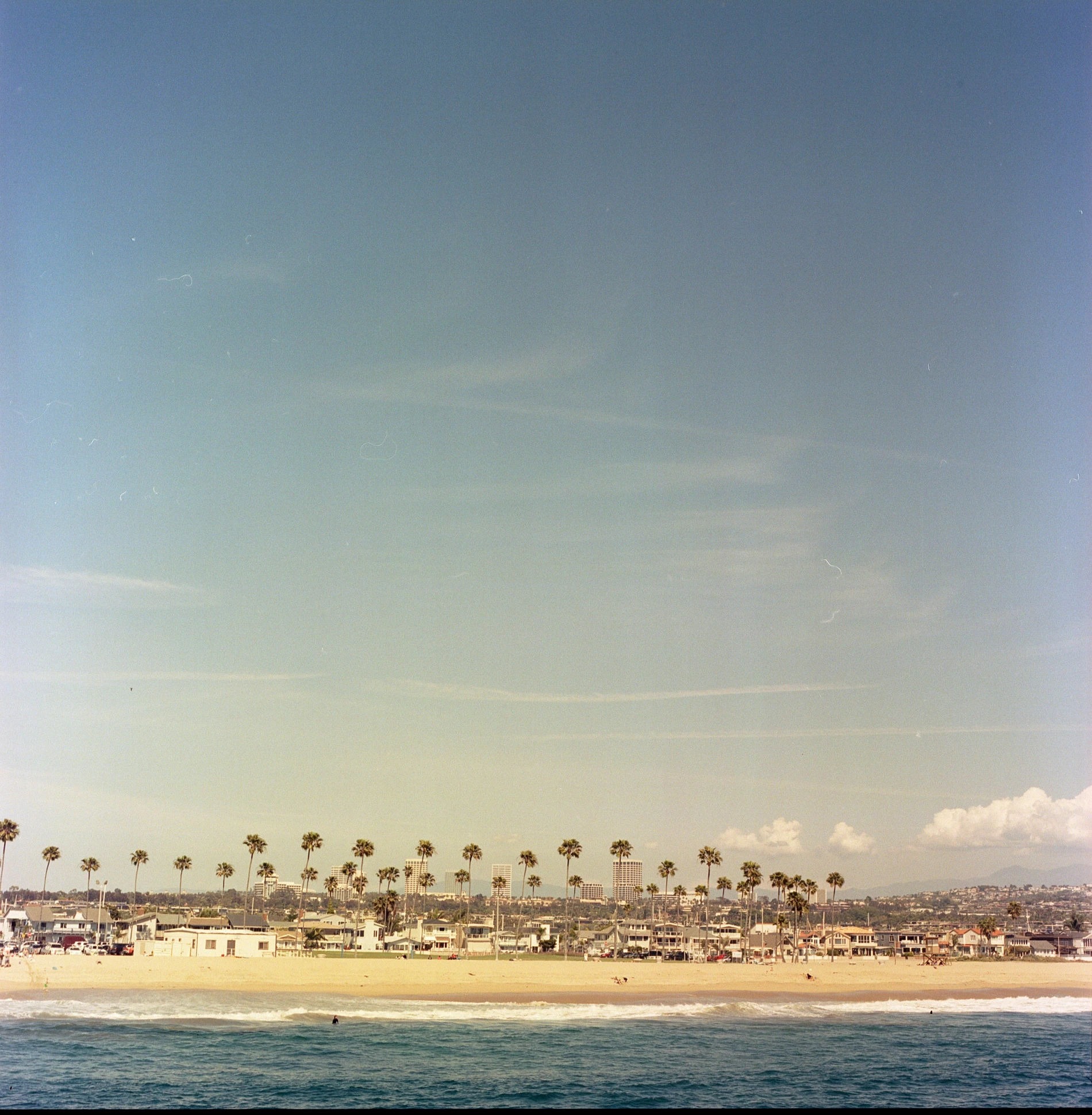 several kites are flying over an ocean and beach