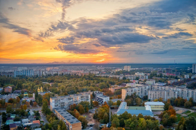 an overview view of the sunset over a city