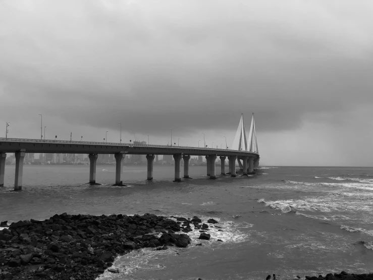 an old po of a pier in the distance