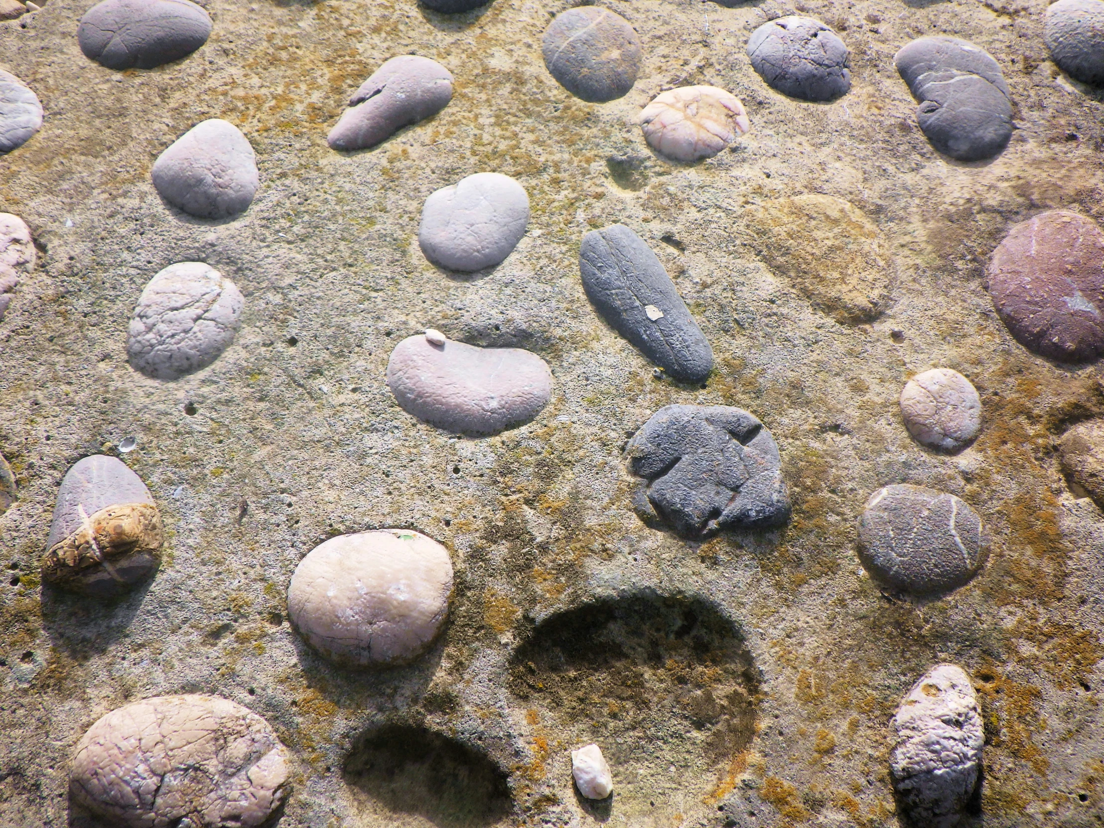 many rocks and sand with footprints on the ground