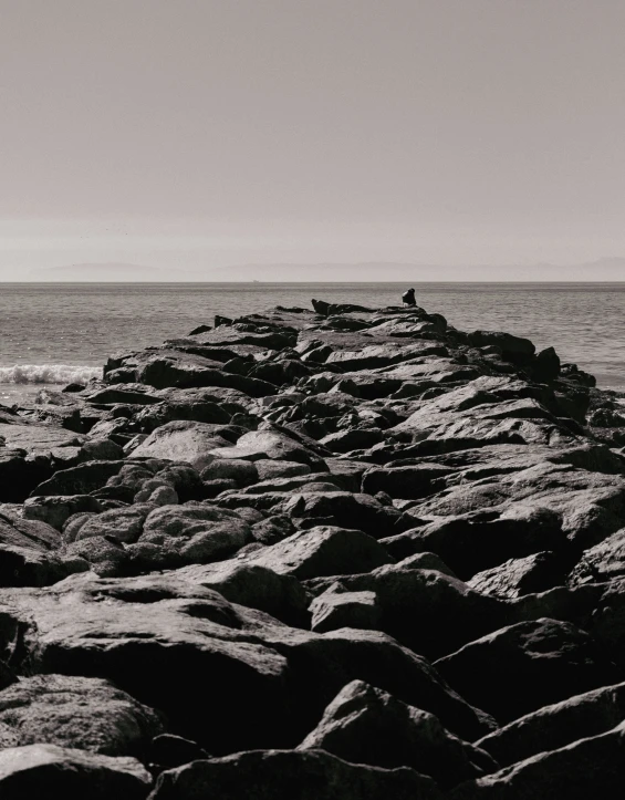 an ocean landscape with some rocks on the shore