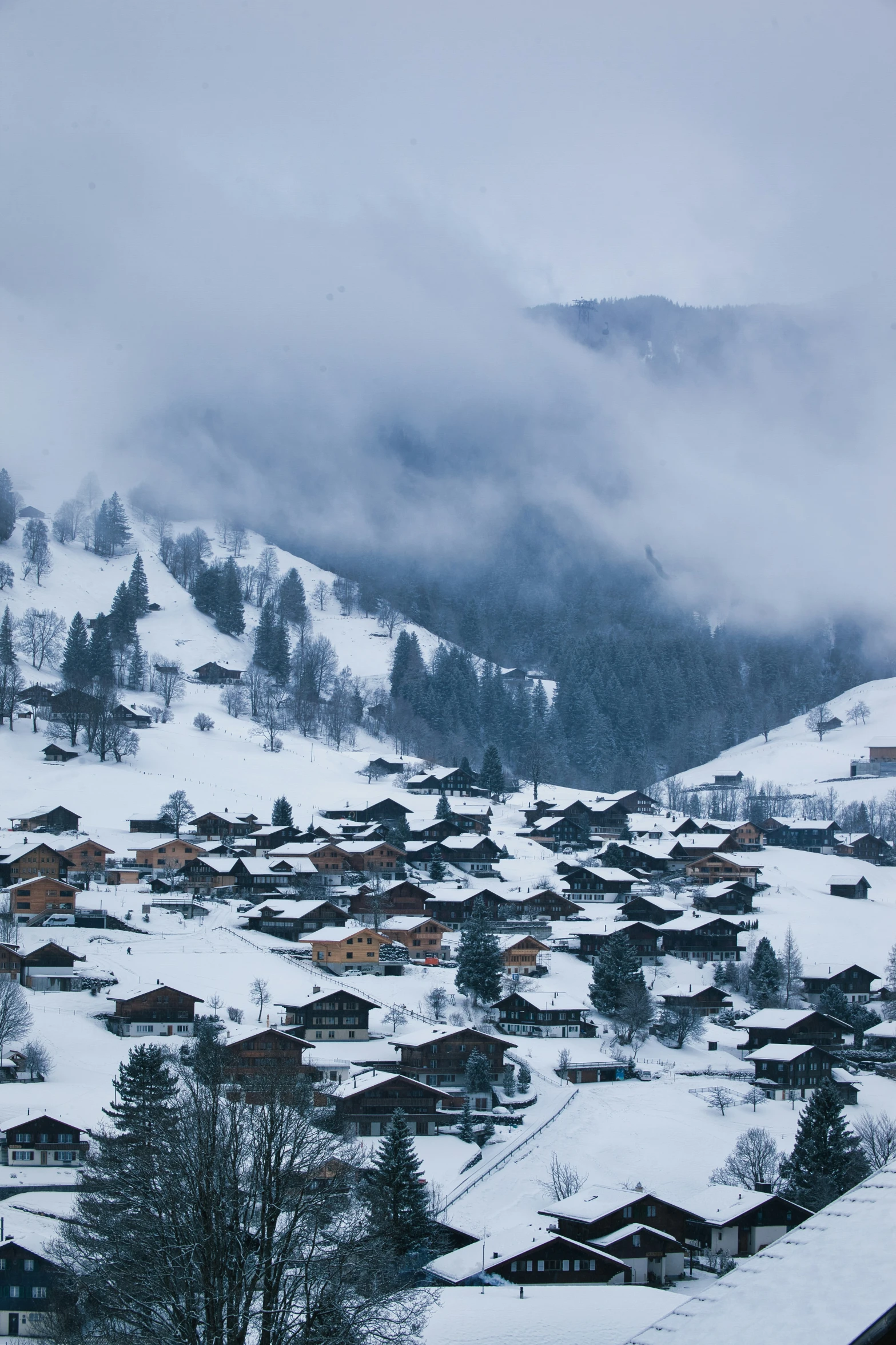 snowy town with small houses nestled among the mountains