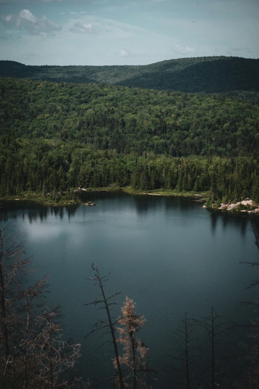 the water is reflecting green hills in the distance