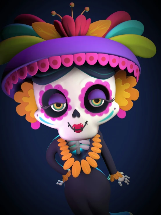 an adorable looking skeleton girl with flowers in her hair