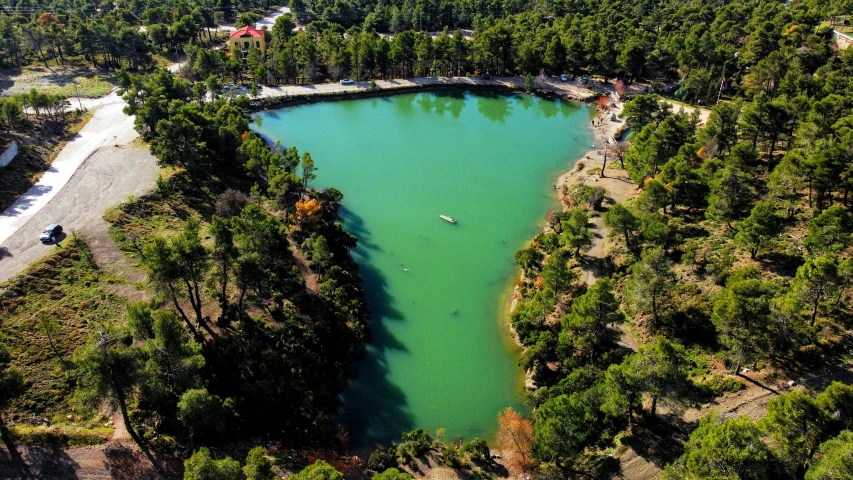 an aerial view of some very pretty lakes