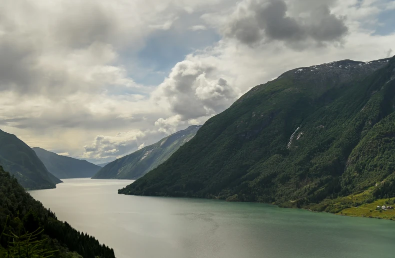 a large body of water surrounded by lush green mountains