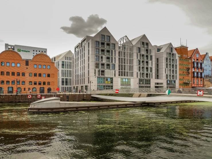 the architecture of an urban city, with old fashioned buildings reflected in the water